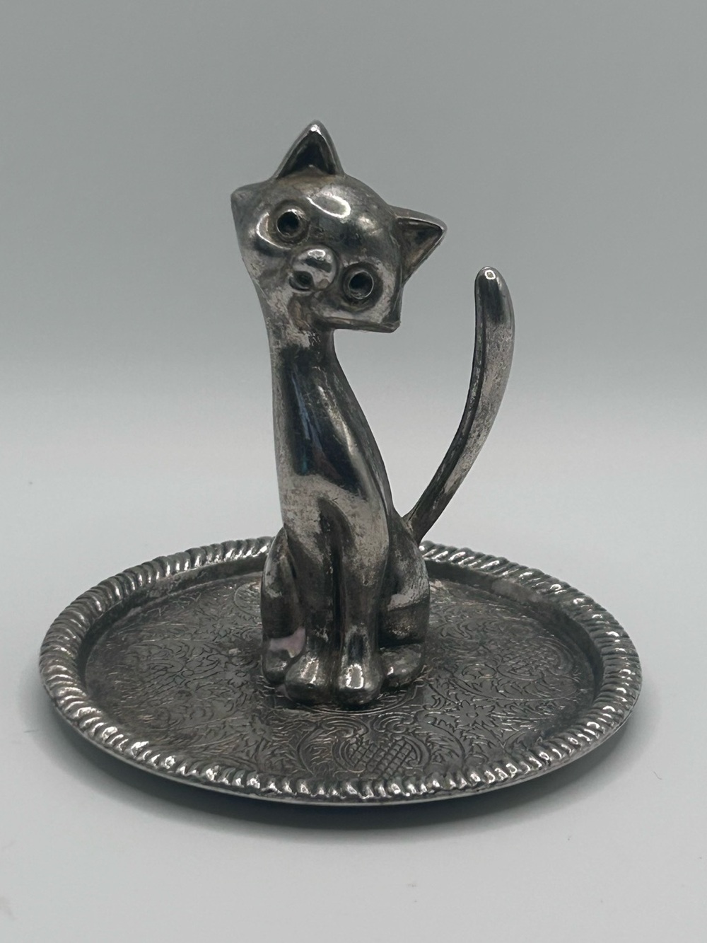 Vintage Silver-tone Cat Ring Holder | Ornate Floral Trinket Dish (3" Wide)